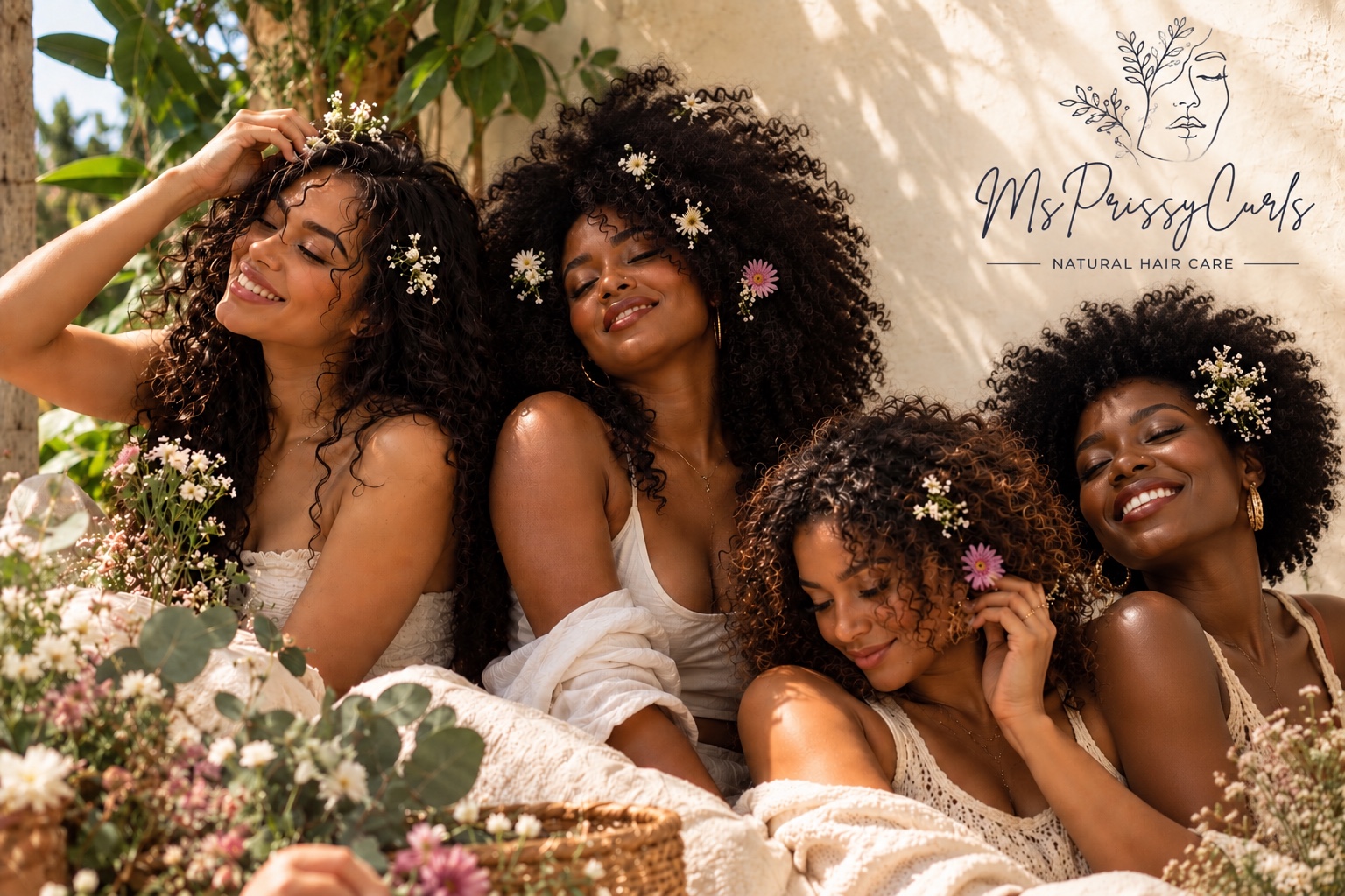 Four women celebrating diverse natural curl patterns, including tight coily hair, with delicate flowers in a botanical setting