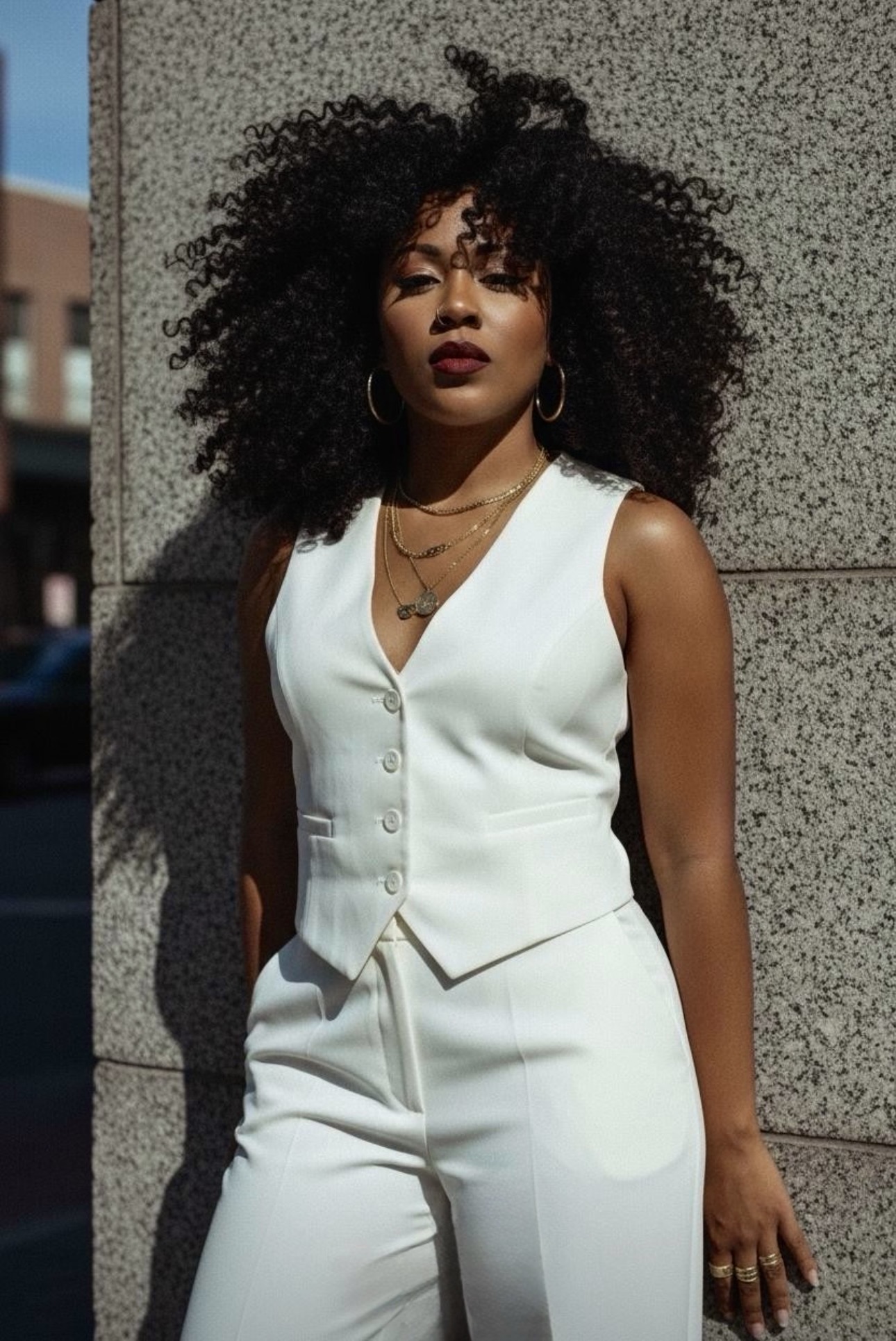 Pricilla Fortune wearing white with natural curly hair
